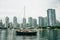 Beautiful view of Vancouver skyline with ships lying in harbor at False Creek, British Columbia, Canada - sep, 2019