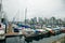 Beautiful view of Vancouver skyline with ships lying in harbor at False Creek, British Columbia, Canada - sep, 2019