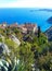 Beautiful view of the village of Eze, a botanical garden with cacti, aloe. Mediterranean, French Riviera, Cote d`Azur, France