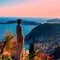 Beautiful view of the village of Eze, sculptures, botanical garden with cacti, Mediterranean, French Riviera, azure coast, France