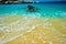 Beautiful view of Virgin Gorda`s beached with the contrasting colours of the the sand, the sky and the crystal clear water