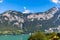 Beautiful view of  Walensee lake and Alps with walterfall
