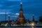 Beautiful view of the Wat Arun temple illuminated by the magical blue hour light after sunset, Bangkok, Thailand