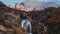 Beautiful view with waterfall and Fitz Roy mountain. Patagonia