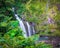 Beautiful view of a waterfall surrounded by trees in the middle of a breathtaking tropical forest