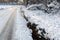 Beautiful view of winter scape. Country road and stream in snow forest. Trees reflection on water.