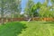 Beautiful view of a wooden fenced green space with high trees and an outdoor playground