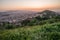 Beautiful viewpoint of Barcelona at sunrise, natural location in spring.