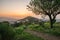 Beautiful viewpoint of Barcelona at sunrise, natural location in spring.