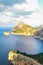 Beautiful viewpoint Mirador Es Colomer in Spanish Mallorca, Balearic Islands on a sunny winter day. Cliffs and Mediterranean sea.