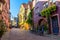 Beautiful village Riquewihr with historic buildings and colorful houses in Alsace of France - Famous vine route