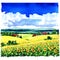 Beautiful village rural landscape, sunflower field, meadows, country houses, blue sky, clouds, watercolor illustration