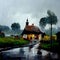 Beautiful Village scene in cloudy raining weather oil painting