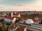 Beautiful Vilnius city panorama in autumn with orange and yellow foliage. Aerial evening view