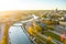 Beautiful Vilnius city panorama in autumn with orange and yellow foliage. Aerial evening view
