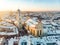 Beautiful Vilnius city panorama in winter with snow covered houses, churches and streets. Winter city scenery in Vilnius,