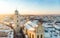 Beautiful Vilnius city panorama in winter with snow covered houses, churches and streets. Winter city scenery in Vilnius,