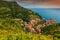 Beautiful vineyard and old town panorama of Manarola,Italy,Europe