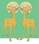 Beautiful vintage cartoon illustration of twin yellow retro coloured cute deers  coloured camels  futuristic deers at stary night