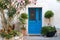 Beautiful vintage courtyard with lush greenery and marine blue wooden door in old Mediterranean costal town, Croatia