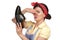 Beautiful vintage housekeeper holding a smelly shoes