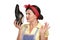 Beautiful vintage housekeeper holding a smelly shoes with facia
