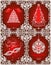 Beautiful vintage red cards for Christmas and New years holidays with paper cut out floral xmas tree, hanging ball, masquerade mas