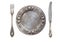 Beautiful Vintage Silver Ajour Spoon, Knife and Plate isolated on white background. Antique silverware.