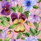 Beautiful viola flowers with green leaves on pink background. Seamless floral pattern. Vibrant colors. Watercolor painting.