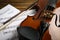 Beautiful violin, bow and note sheets on table, closeup