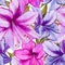 Beautiful vivid purple and pink amaryllis flowers on white background. Seamless spring pattern. Watercolor painting.