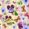 Beautiful vivid viola flowers leaves and bright butterflies on pastel striped background. Seamless barred floral pattern.