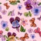 Beautiful vivid viola flowers leaves and bright butterflies on pink background. Seamless spring or summer floral pattern.