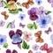 Beautiful vivid viola flowers leaves and bright butterflies on white background. Seamless spring or summer floral pattern.