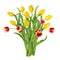 Beautiful vivid yellow and red tulips on long stems with green leaves in a bunch. Bouquet of spring flowers.