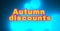 Beautiful voluminous text, `Autumn discounts`, in 3D format, bright yellow color, on a gentle blue background.