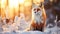 Beautiful vulpes fox against the backdrop of a snowy winter forest with a bushy tail, hunting in the freshly fallen snow