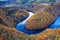 Beautiful Vyhlidka Maj, Lookout Maj, near Teletin, Czech Republic. Meander of the river Vltava surrounded by colorful autumn