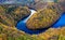 Beautiful Vyhlidka Maj, Lookout Maj, near Teletin, Czech Republic. Meander of the river Vltava surrounded by colorful autumn