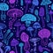 Beautiful wallpaper of hallucinogenic mushrooms in cool colors. Stylish amazing fly agaric sticker on a blue background