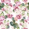 Beautiful watercolor bright pattern with peony and cuctus.