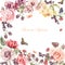 Beautiful watercolor card with Peony, roses, iris flower. Currants, gooseberries and raspberries.