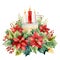 Beautiful Watercolor Christmas Candle Centerpiece Surrounded by Holly and Poinsettias on White Background AI Generated