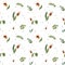 Beautiful watercolor floral seamless pattern with brown rosehips, green leaves and dots on the white background. Rustic