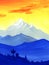 Beautiful watercolor landscape of blue mountain ranges on background of sunset fiery sky with brush stroke clouds. Vague
