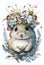 Beautiful watercolor mouse baby portrait, great design with flowers crown. Cute wildlife animal cartoon drawing Poster