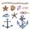 Beautiful Watercolor nautical set. Include lighthouse, anchor, corals, seaweed, whale, shells, steering-wheel and buoy