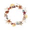 Beautiful watercolor oval wreath with colorful sea shells, stars and plants for decorative design. Artistic backdrop