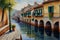 Beautiful watercolor painting of old town on the side of a beautiful european canal AI computer generated image