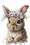 Beautiful watercolor rabbit baby portrait, great design with flowers crown. Cute wildlife animal cartoon drawing Poster